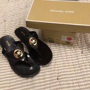 Michael Kors Jelly Black Flip Flop Sandals with Gold Emblem